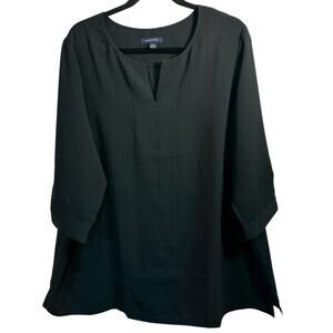 Lands End Black Pleated V-Neck Tunic Top Womens 2X (20-22) Lagenlook Lightweight